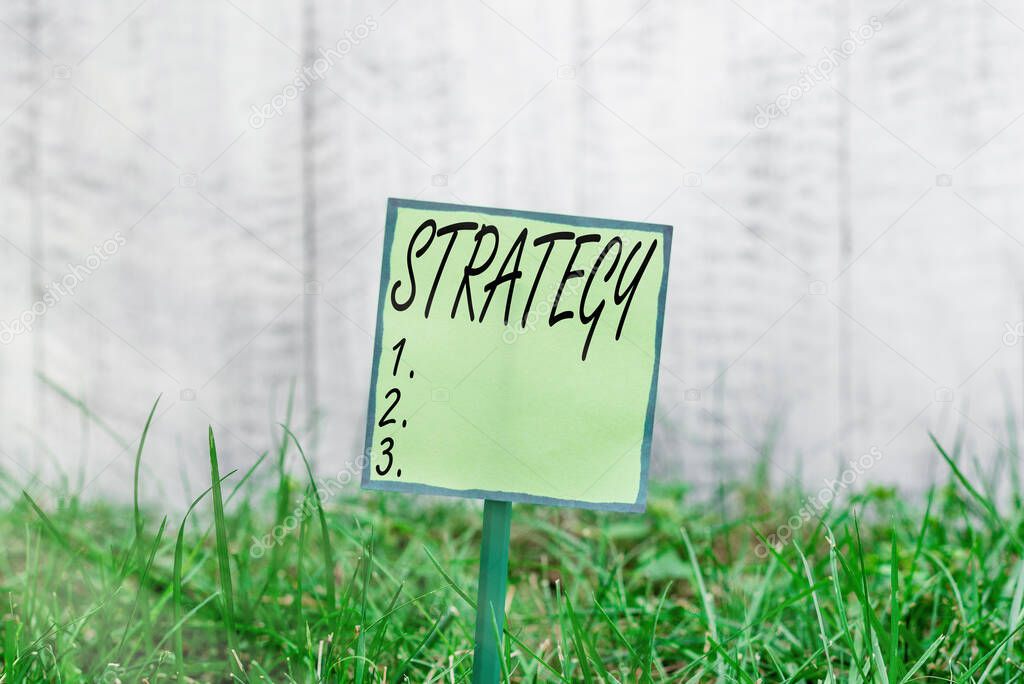 Conceptual hand writing showing Strategy. Business photo showcasing action plan or strategy designed to achieve an overall goal Plain paper attached to stick and placed in the grassy land.
