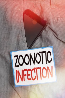 Zoonotik enfeksiyonu gösteren kavramsal el yazısı. İş fotoğrafı metni bulaşıcı hastalık. Viral olmayan bir ajan tarafından pantolonunun ön cebinde cep telefonu kağıdı ile iletiliyor..