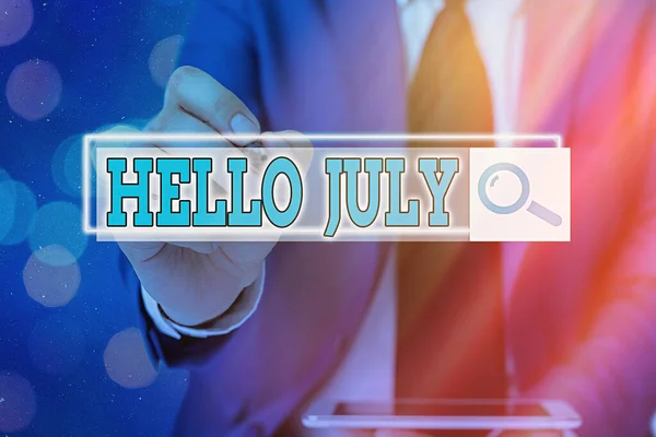 Writing note showing Hello July. Business photo showcasing expression of excitement for the coming holiday month of vacation Web search digital information futuristic technology network connection.