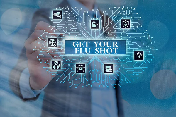 Tekst pisania słów Get Your Flu Shot. Koncepcja biznesowa szczepień podawana jest corocznie w celu ochrony przed kontrolą administratora systemu grypy, koncepcja narzędzi konfiguracyjnych przekładni. — Zdjęcie stockowe