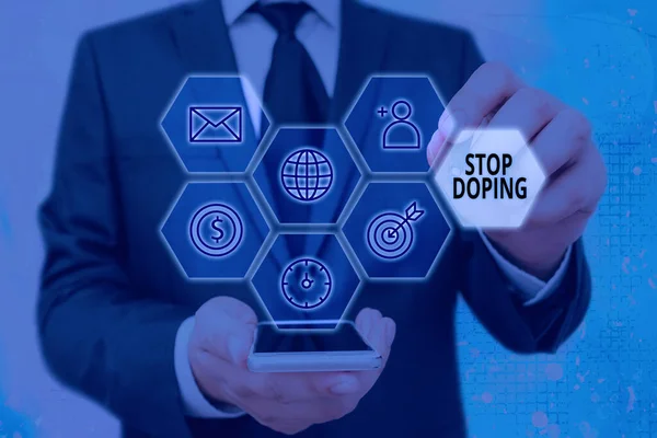 Nota di scrittura che mostra Stop Doping. Business photo showcase smettere l'uso di farmaci vietati miglioramento delle prestazioni atleticheGriglie e diverse icone ultimo concetto di tecnologia digitale. — Foto Stock