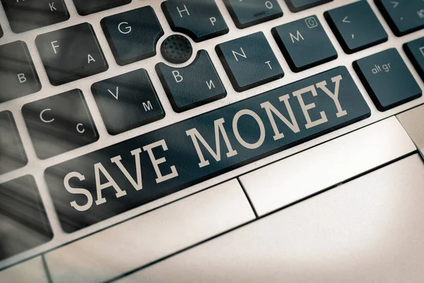 Writing note showing Save Money. Business photo showcasing to budget or put money aside for the future or emergency Pc keyboard key with empty note paper above background copy space. — Stock Photo, Image