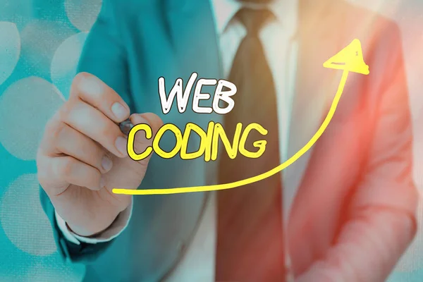 Text sign showing Web Coding. Conceptual photo a system of symbols and rules used to represent instructions digital arrowhead curve rising upward denoting growth development concept.