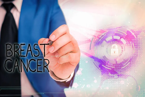 Pismo odręczne z rakiem piersi. Koncepcja oznacza chorobę, w której komórki w piersi rosną poza kontrolą Graficzny kłódka dla systemu aplikacji bezpieczeństwa danych internetowych. — Zdjęcie stockowe