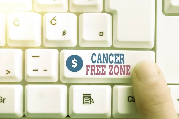 Writing note showing Cancer Free Zone. Business photo showcasing supporting cancer patients and raising awareness of cancer Pc keyboard key with pointing finger above background copy space. — Stock Photo, Image