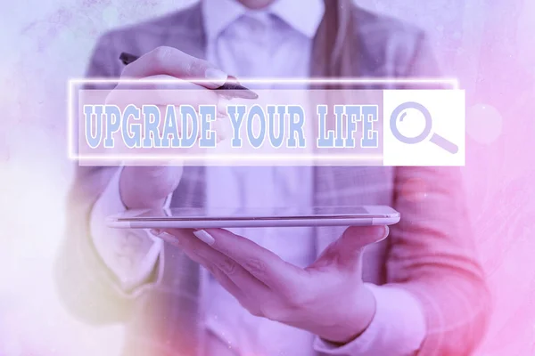 Text sign showing Upgrade Your Life. Conceptual photo improve your way of living Getting wealthier and happier Web search digital information futuristic technology network connection.