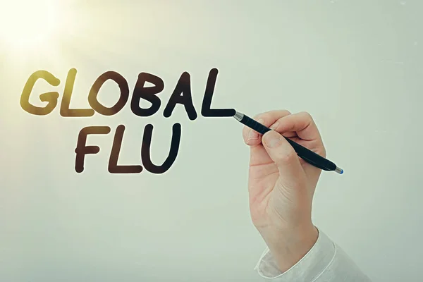 Handwriting text writing Global Flu. Concept meaning Common communicable illness spreading over the worldwide fastly Model displaying different shots of holding pen ready for promotional use.