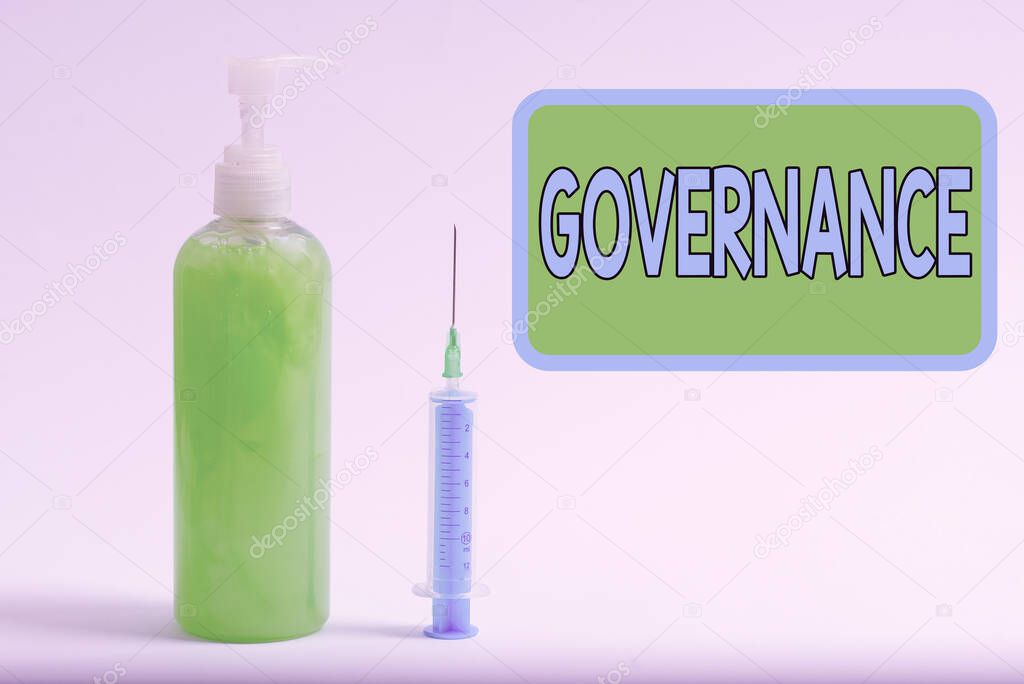 Text sign showing Governance. Conceptual photo exercised in handling an economic situation in a nation Primary medical precautionary equipments for health care protection.