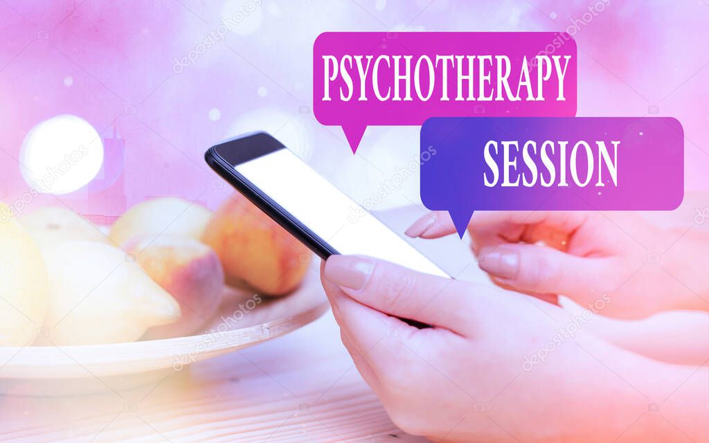Word writing text Psychotherapy Session. Business concept for series of meetings in treating mental health problems Modern gadgets with white display screen under colorful bokeh background.