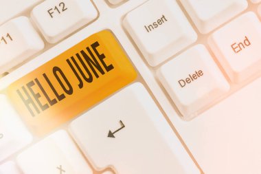 Hello June 'u gösteren bir not yazıyorum. Eğlence ve macera için etkinliklerinizi planlamak üzere yeni bir ay boyunca iş fotoğrafı gösterimi boş kopya alanındaki aksesuarlarla renklendirilmiş klavye anahtarı.