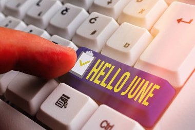 Kelime yazma metni Merhaba June. Eğlence ve macera için etkinliklerinizi planlamak için yeni bir ay için iş konsepti Beyaz pc klavye üzerinde boş not kağıdı beyaz tuş kopya alanı üzerinde.