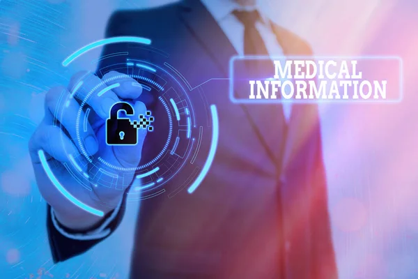 Writing note showing Medical Information. Business photo showcasing an individual demographic information and medical histories Graphics padlock for web data information security application system.