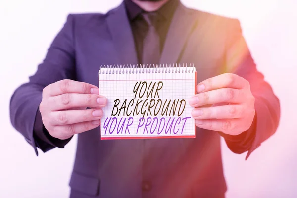 Writing note showing Your Background Your Product. Business photo showcasing knowledge experiences discover business chances Model displaying different empty color notepad mock-up for writing idea.