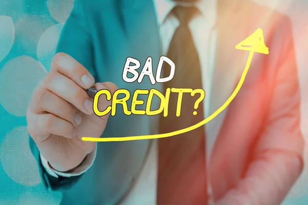 Text sign showing Bad Credit Question. Conceptual photo a bad credit score due to nonpayment of loans digital arrowhead curve rising upward denoting growth development concept. — Stock Photo, Image