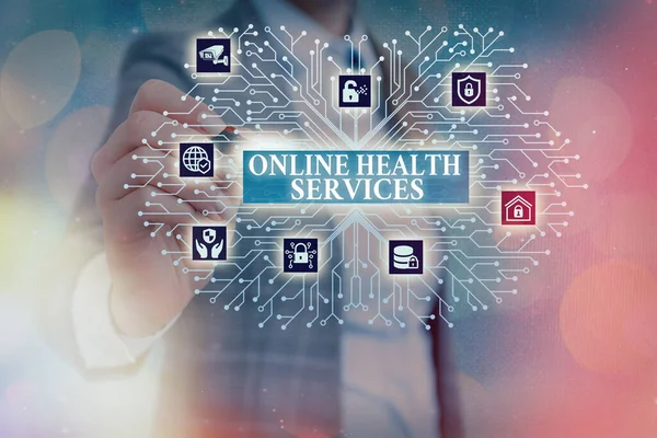 Word writing text Online Health Services. Business concept for healthcare delivered and enhanced through the internet System administrator control, gear configuration settings tools concept. — Stock Photo, Image