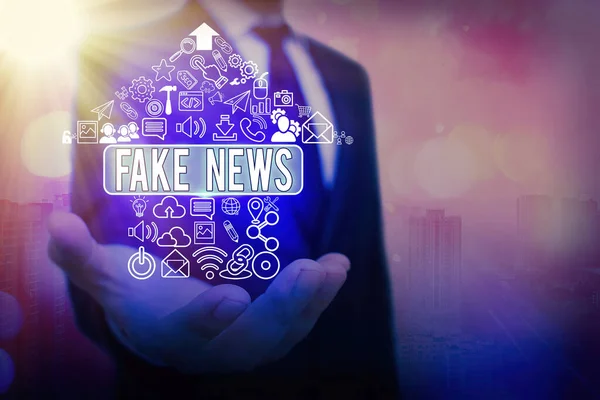 Word writing text Fake News. Business concept for false information publish under the guise of being authentic news Information digital technology network connection infographic elements icon.
