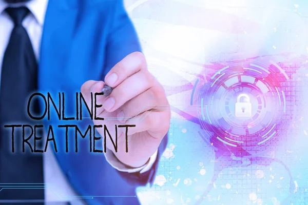 Handwriting text writing Online Treatment. Concept meaning providing mental health services over the internet Graphics padlock for web data information security application system.