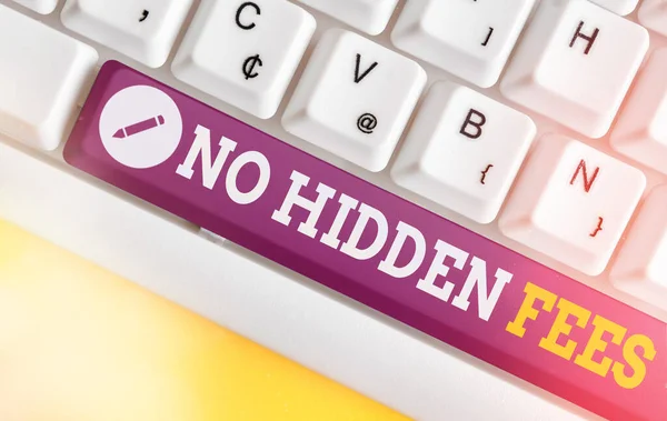 Text sign showing No Hidden Fees. Conceptual photo without or zero bank charge, service charge, or extras Different colored keyboard key with accessories arranged on empty copy space.