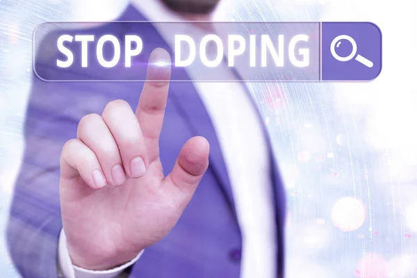 Écriture manuscrite de texte Stop Doping. Concept signifiant cesser l'utilisation de drogues interdites améliorant la performance athlétique Recherche Web information numérique technologie futuriste connexion réseau. — Photo