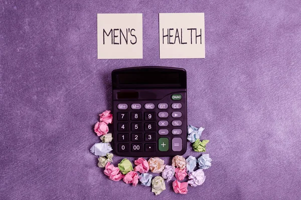 Writing note showing Mens Health. Business photo showcasing state of complete and social wellbeing as experienced by men Paper accessories with smartphone arranged on different background.