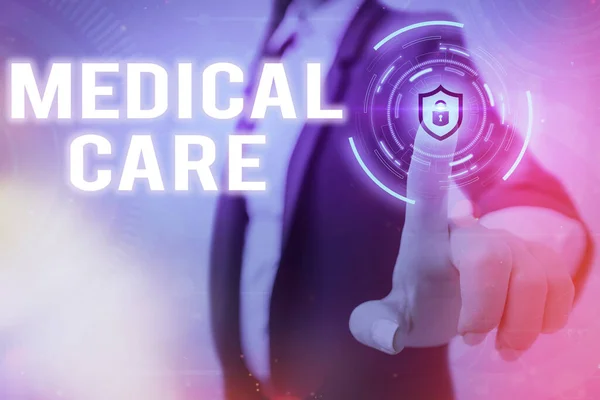 Conceptual hand writing showing Medical Care. Business photo showcasing the professional attention of medical practitioners in health Graphics padlock for web data security application system.