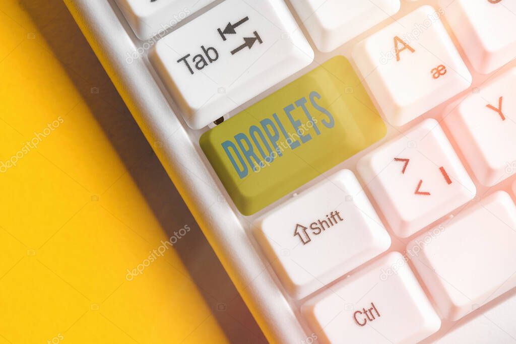 Writing note showing Droplets. Business photo showcasing very small drop of a liquid can be found in certain wet places White pc keyboard with empty note paper above white key copy space.