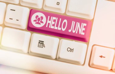El yazısı. Merhaba June. Eğlence ve macera için etkinliklerinizi planlamak için yeni bir ay anlamına gelen kavram boş kopya alanına aksesuarlar yerleştirilmiş farklı renkli klavye anahtarı.