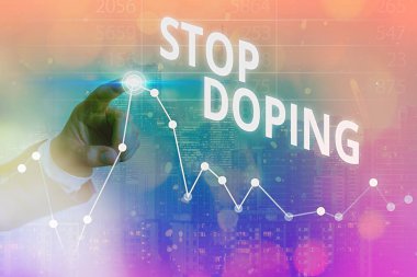 Kelime yazma Doping durdurun. Yasaklanmış atletizm performans artırıcı uyuşturucu kullanımının bırakılması konsepti Arrow sembolünün yükselmesi önemli başarılar göstermektedir.