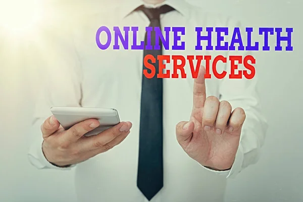 Conceptual hand writing showing Online Health Services. Business photo showcasing healthcare delivered and enhanced through the internet Model pointing finger symbolizing navigation progress growth. — Stock Photo, Image