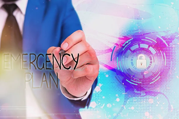 Handwriting text writing Emergency Plan. Concept meaning actions to be conducted in a certain order or manner Graphics padlock for web data information security application system.
