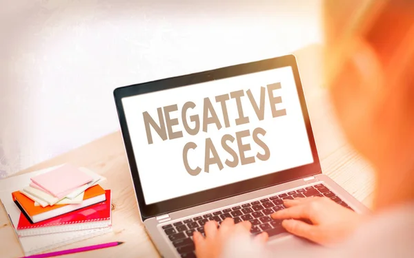 Conceptual hand writing showing Negative Cases. Business photo text circumstances or conditions that are confurmed to be false Modern gadgets white screen under colorful bokeh background. — Stock Photo, Image