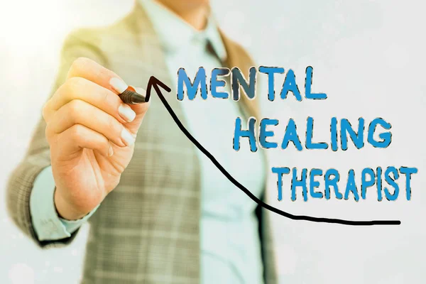 Writing note showing Mental Healing Therapist. Business photo showcasing helping an individual express emotions in healthy ways Digital arrowhead curve denoting growth development concept. — Stock Photo, Image