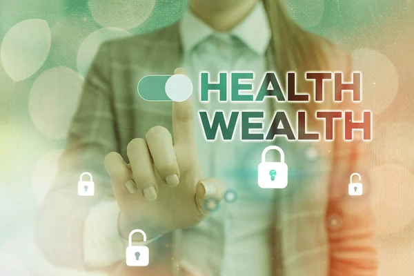 Word writing text Health Wealth. Business concept for healthy mind and body can bring you wealth and happiness Graphics padlock for web data information security application system.