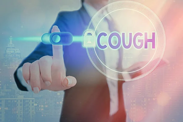 Conceptual hand writing showing Cough. Business photo showcasing sudden expulsion of air throughout the passages to clear airways Graphics padlock for web data security application system. — Stock Photo, Image