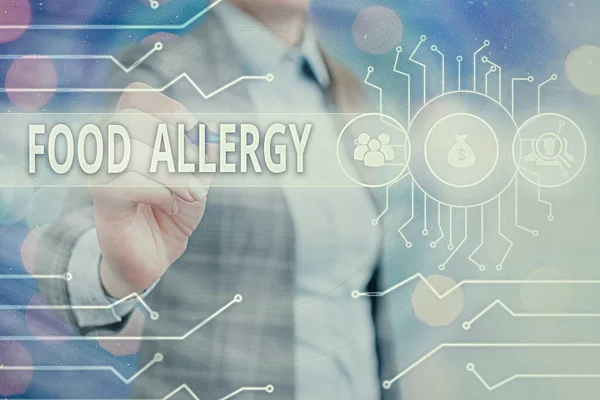 Tulisan Word Food Allergy. Konsep bisnis untuk respons sistem imun abnormal terhadap alergen setelah dikontrol administrator sistem yang dimakan, konsep pengaturan konfigurasi gigi. — Stok Foto