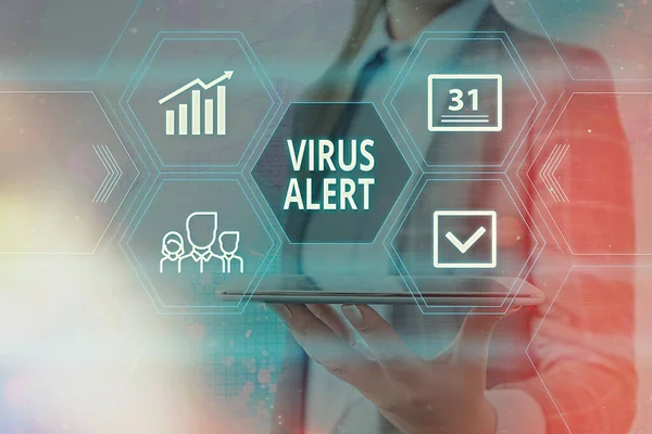 바이러스 경보 (Virus Alert) 를 입력 한다. 콘셉트 는 특이하고 잠재적으로 위험할 가능성 이 있는 모든 그립 과 아이콘의 최신 디지털 기술 개념의 다른 설정을 재빨리 주목하는 것을 의미 한다.. — 스톡 사진