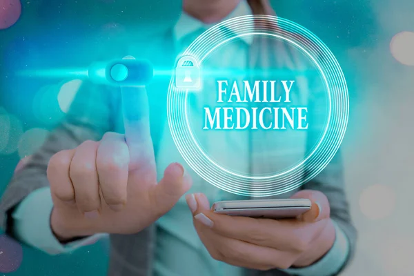 Word writing text Family Medicine. Business concept for comprehensive health care for the individual and family Graphics padlock for web data information security application system.