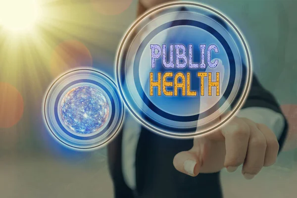 Text sign showing Public Health. Conceptual photo science of protecting and improving the health of a community Futuristic icons solar system. Elements of this image furnished by NASA.