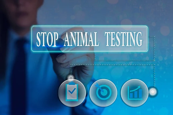 Εγγραφή σημειώματος που δείχνει Stop Animal Testing Επιχειρηματική προβολή φωτογραφιών έβαλε τέλος στον πειραματισμό σε ζώα ή την έρευνα Information digital technology network infographic elements. — Φωτογραφία Αρχείου