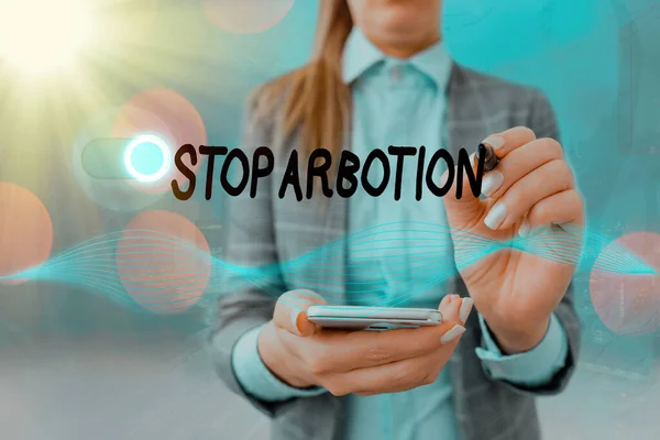 Escritura a mano de texto Stop Arbotion. Concepto que significa abogar contra la práctica del aborto Prolife movement Graphics padlock for web data information security application system . — Foto de Stock