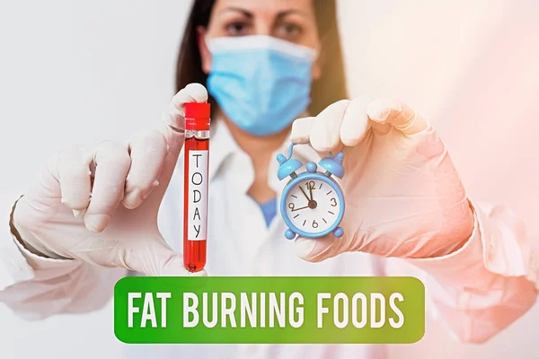 Text sign showing Fat Burning Foods. Conceptual photo produce fat loss by stimulating metabolism to reduce appetite Laboratory blood test sample shown for medical diagnostic analysis result. — Stock Photo, Image