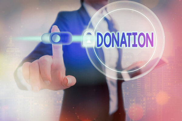 Conceptual hand writing showing Donation. Business photo showcasing something that is given to a charity, especially a sum of money Graphics padlock for web data security application system.