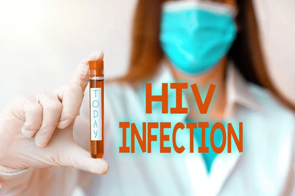 Handwriting text writing Hiv Infection. Concept meaning A disease of the immune system due to the infection of HIV Laboratory blood test sample shown for medical diagnostic analysis result.