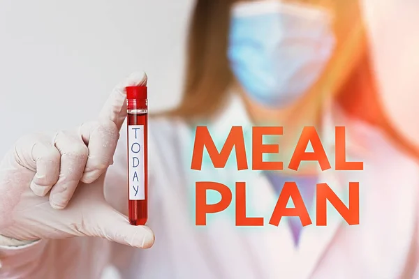 Handwriting text writing Meal Plan. Concept meaning act of taking time to plan any number of meals for the week Laboratory blood test sample shown for medical diagnostic analysis result.