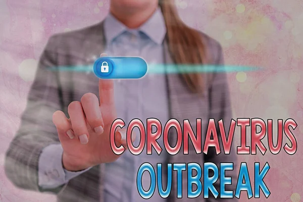 Слова, пишущие текст Coronavirus Outbreak. Бизнес-концепция для инфекционного заболевания, вызванного недавно обнаруженным COVID19 Графический замок для системы информационной безопасности веб-данных. — стоковое фото