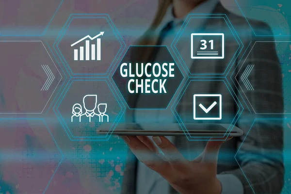 Texte manuscrit Glucose Check. Concept, c'est-à-dire une procédure qui mesure la quantité de sucre dans le sang Grilles et différentes configurations des icônes dernier concept de technologie numérique. — Photo