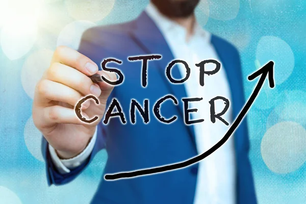 Conceptual hand writing showing Stop Cancer. Business photo showcasing prevent the uncontrolled growth of abnormal cells in the body Digital arrowhead curve denoting growth development concept. — Stock Photo, Image