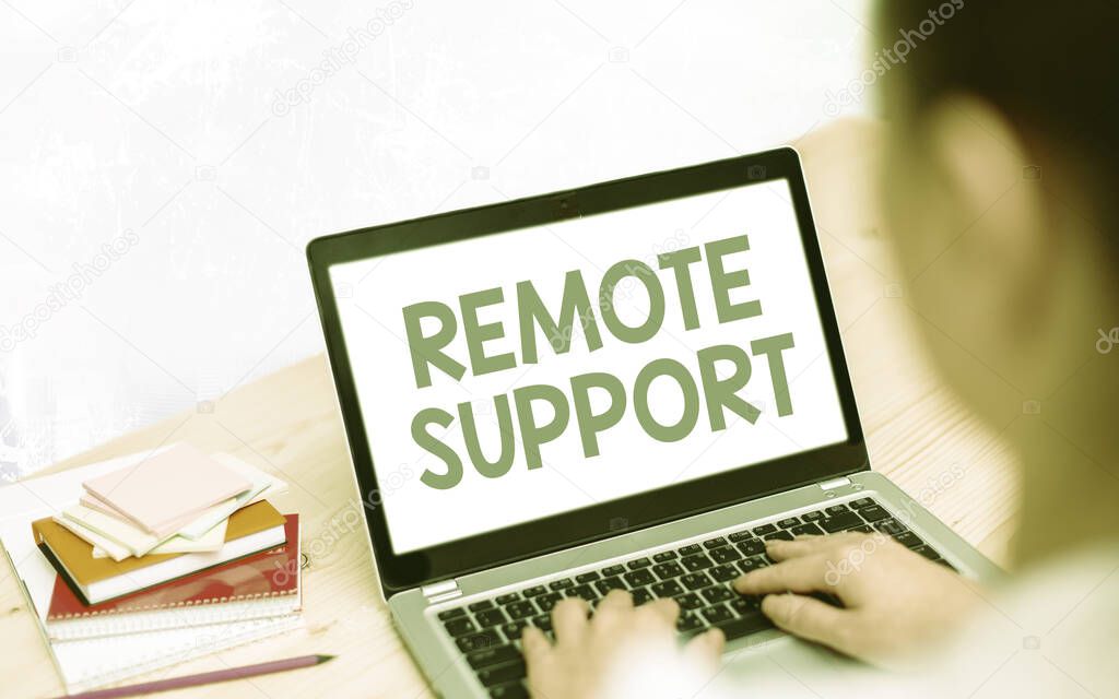 Conceptual hand writing showing Remote Support. Business photo text type of secure service, which permits representatives to help Modern gadgets white screen under colorful bokeh background.