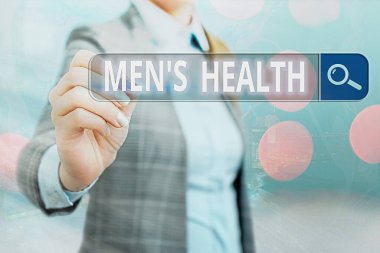 Mens Health 'i gösteren bir not yazıyorum. Erkekler tarafından deneyimlenmiş tam ve sosyal refahın iş fotoğraflarının gösterildiği bir durum. Web arama dijital bilgi fütüristik teknoloji ağı bağlantısı.