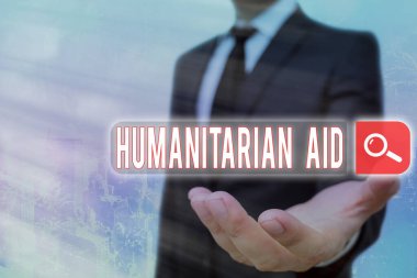 El yazısı, insani yardım mesajı. Kavram, doğal ve insan yapımı felaketten sonra sağlanan acil yardım anlamına gelir Web arama dijital bilgi fütüristik teknoloji ağı bağlantısı.